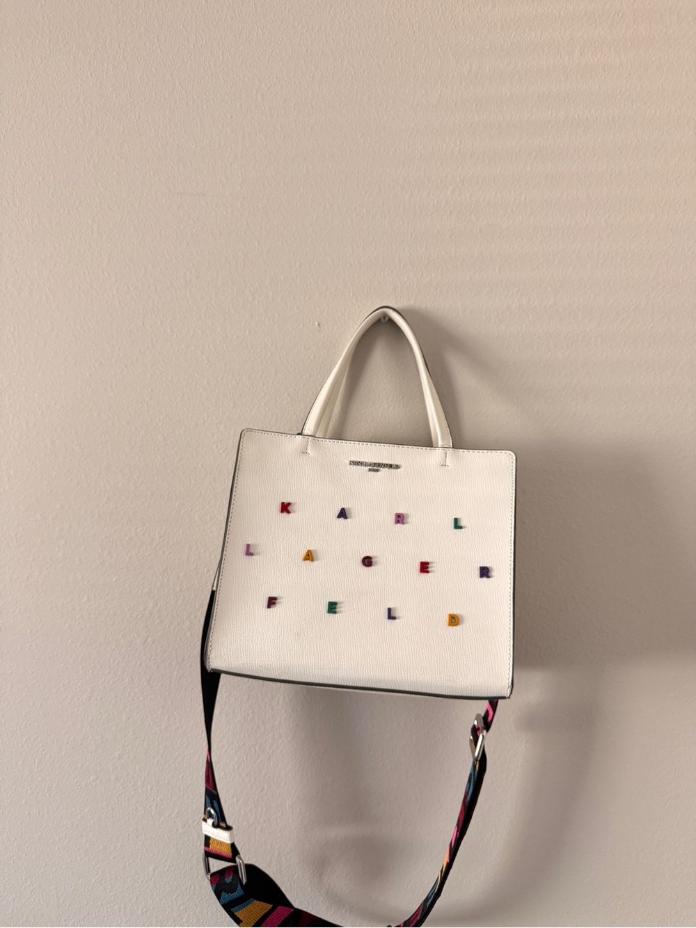 Karl Lagerfeld White Leather Tote with Multicolor Letter Accents